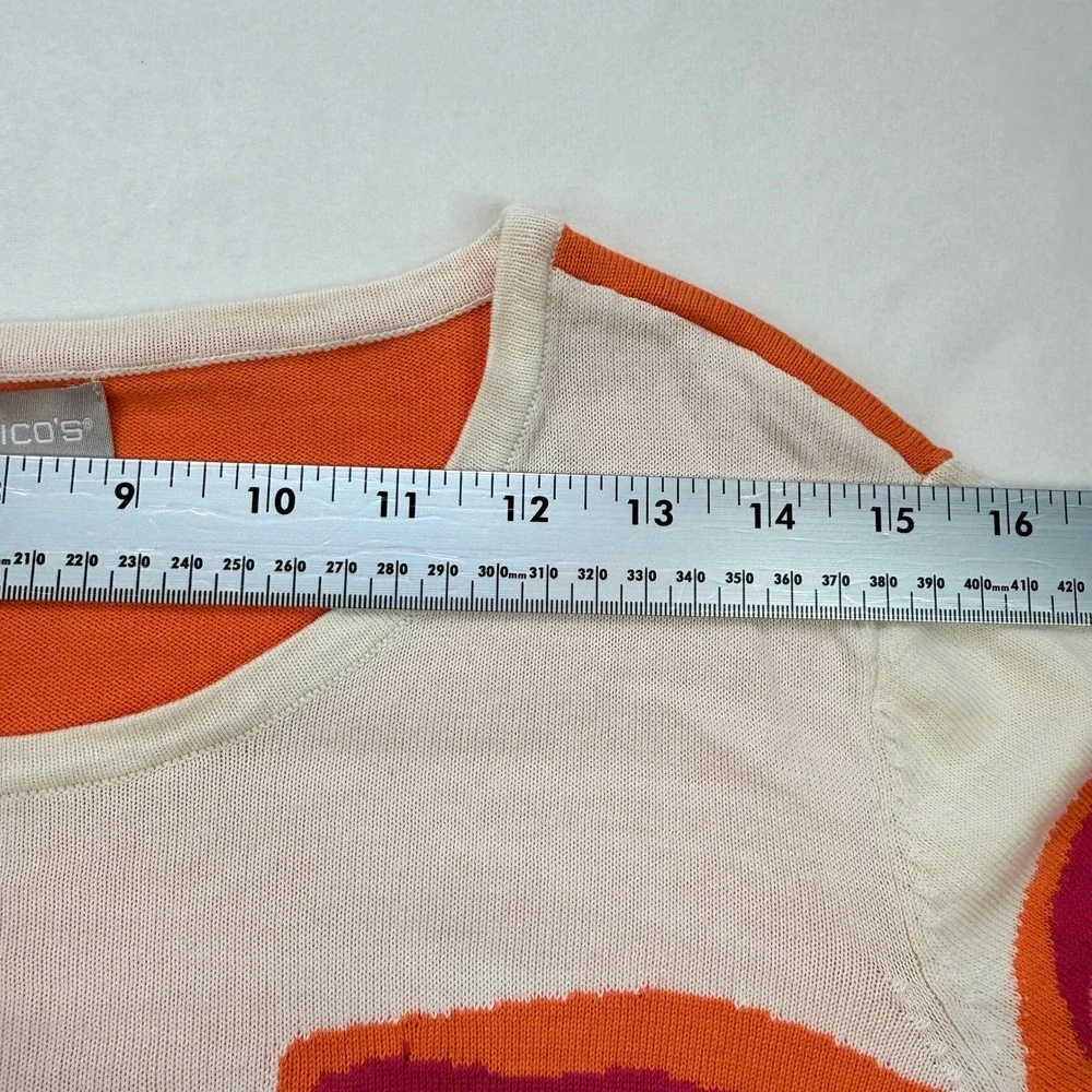 Chicos Orange Pink Floral‎ Intarsia Cotton Lyocell Knit Sweater Top Size 2